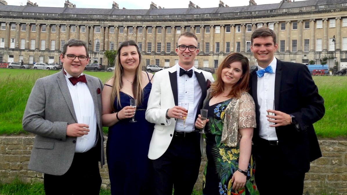 Sudents outside Royal Crescent in Bath